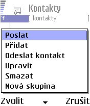 Část nabídky u seznamu kontaktů